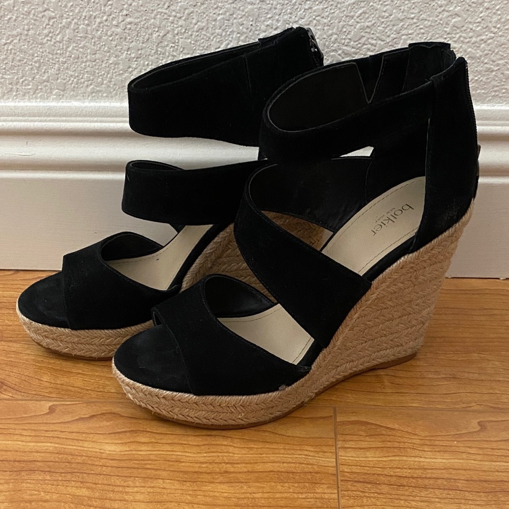 Botkier Black and Tan Julian Wedge Espadrille Sandals Size 7